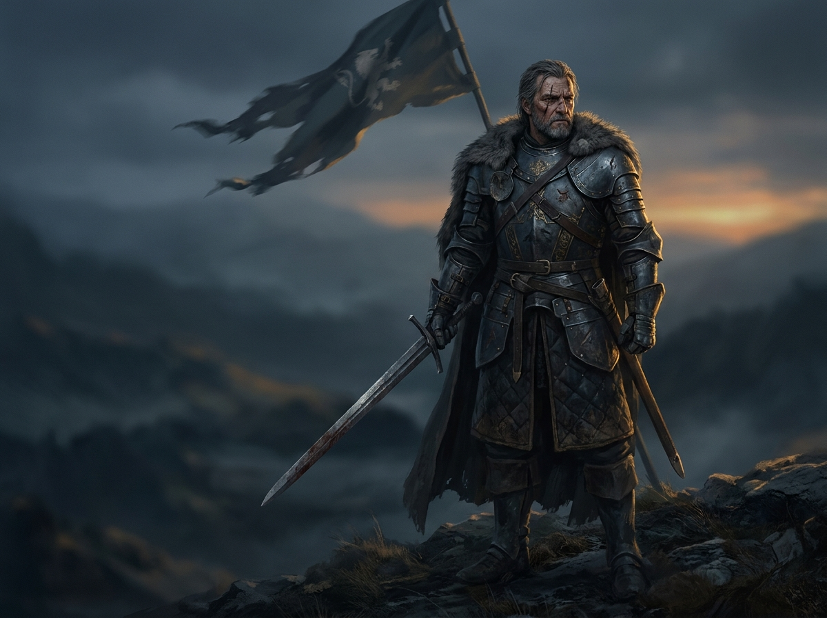 A battle-worn veteran commander standing on a windswept ridge at dusk
