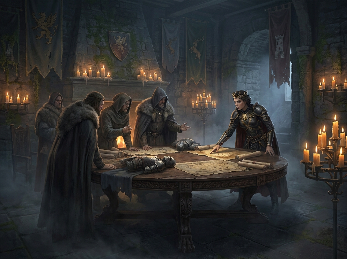 A war council of alliance lords gathered around a map table