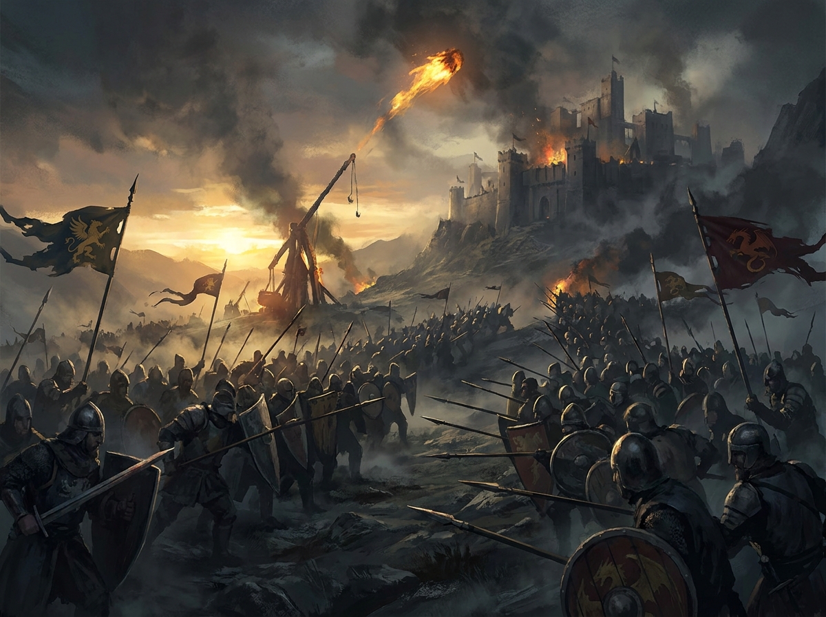 Two armies clashing in a foggy dawn siege with a burning trebuchet